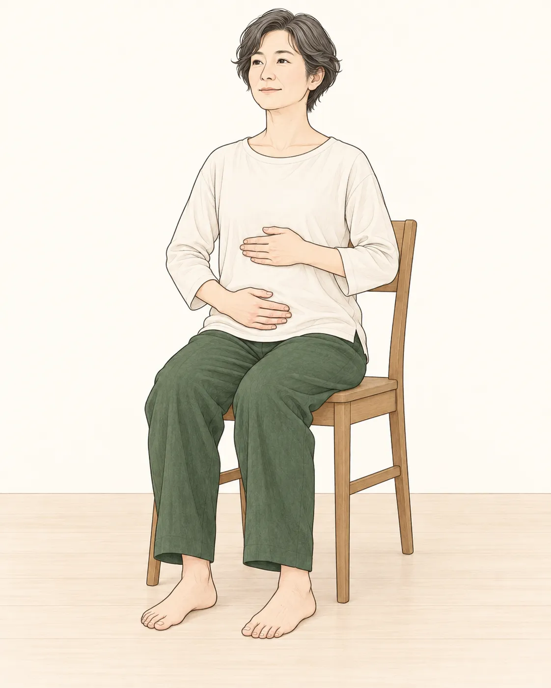 椅子に座り足裏を床につけ、左手をみぞおち、右手を下腹にそっと置く様子
